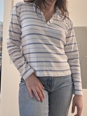 Vintage Sonoma White & Blue Striped Long Sleeve Polo Shirt | 100% Cotton